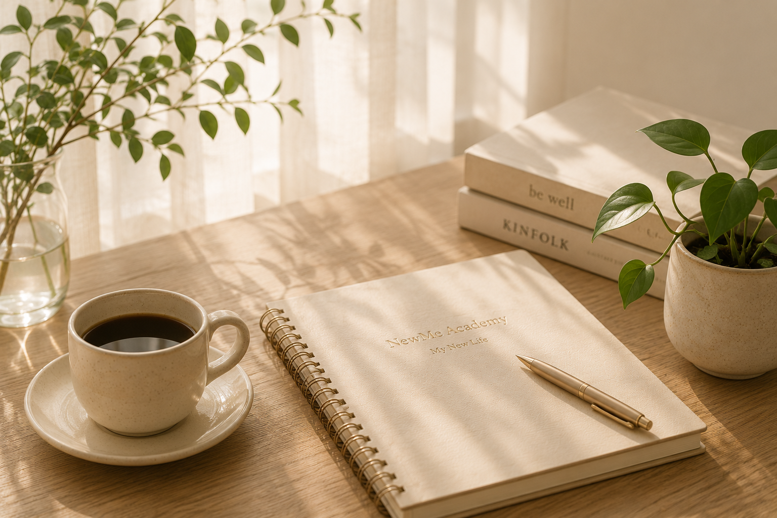 ノートとコーヒー、観葉植物のある落ち着いたデスク